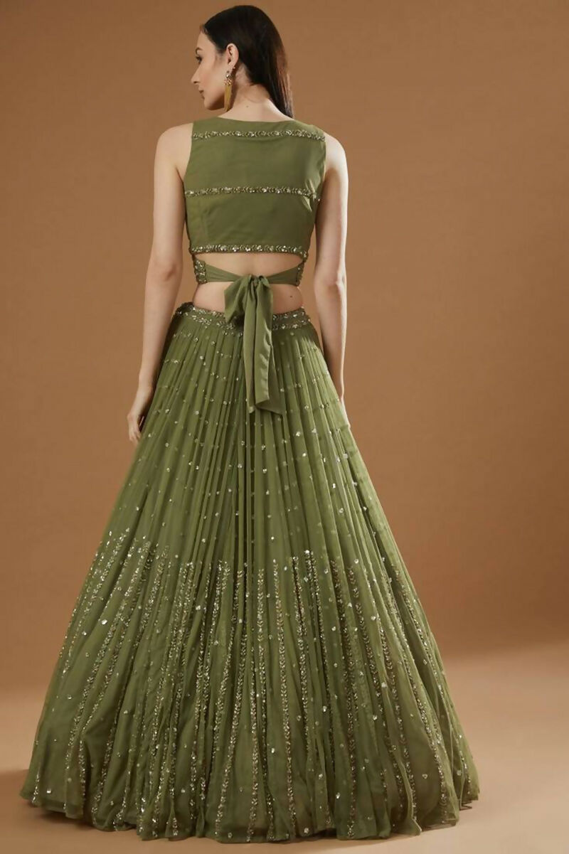 Jyoti Fashion Glamorous Olive Green Zari and Thread Embroidered Georgette Lehenga Choli with Dupatta | Grocsy