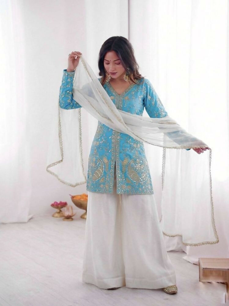 Teeya Creation Blue And White Color Fendy Silk Embroidery Work Wedding Wear Salwar Suit | Grocsy