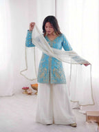 Teeya Creation Blue And White Color Fendy Silk Embroidery Work Wedding Wear Salwar Suit | Grocsy