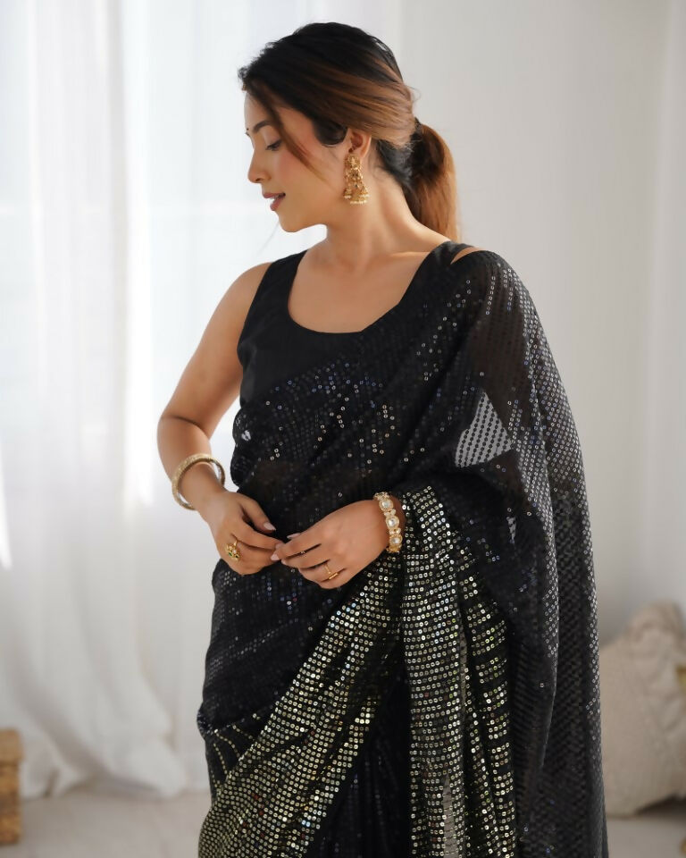 Black Georgette Designer Sequence Embroidery Work Saree - Sitare | Grocsy