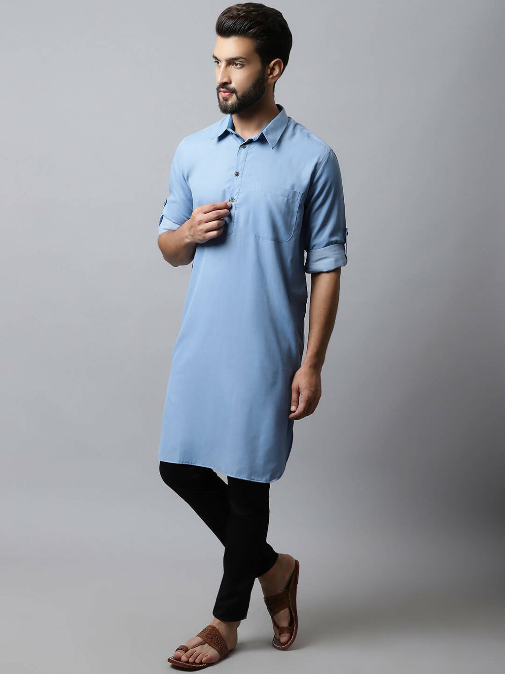 Even Apparels sky Blue Color Pure Cotton Solid Men's Kurta With Shirt Collar (MMS503) | Grocsy