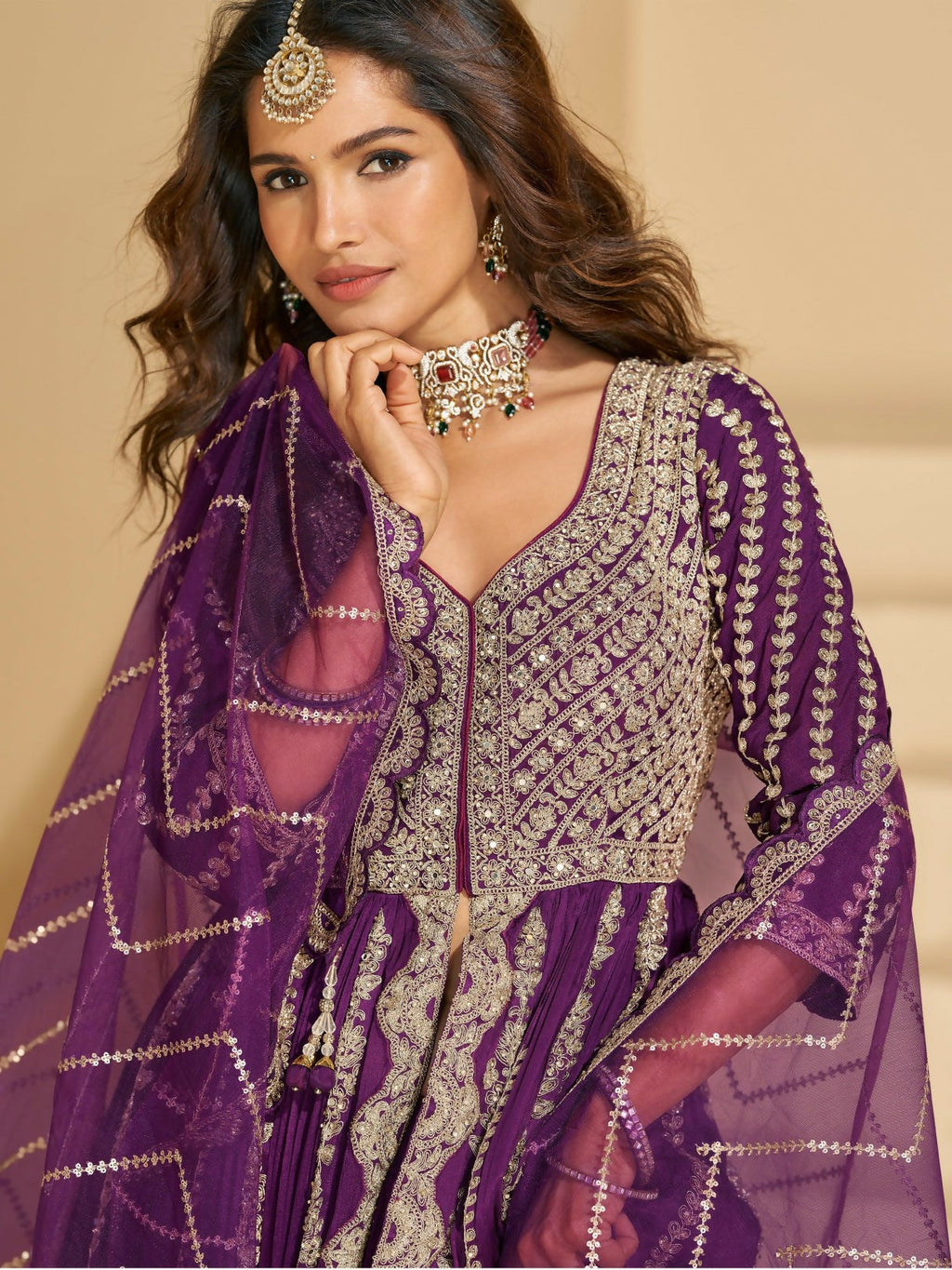 Anaita Purple Chinon Readymade Anarkali Lehenga with Heavy Embroidery Work | Grocsy