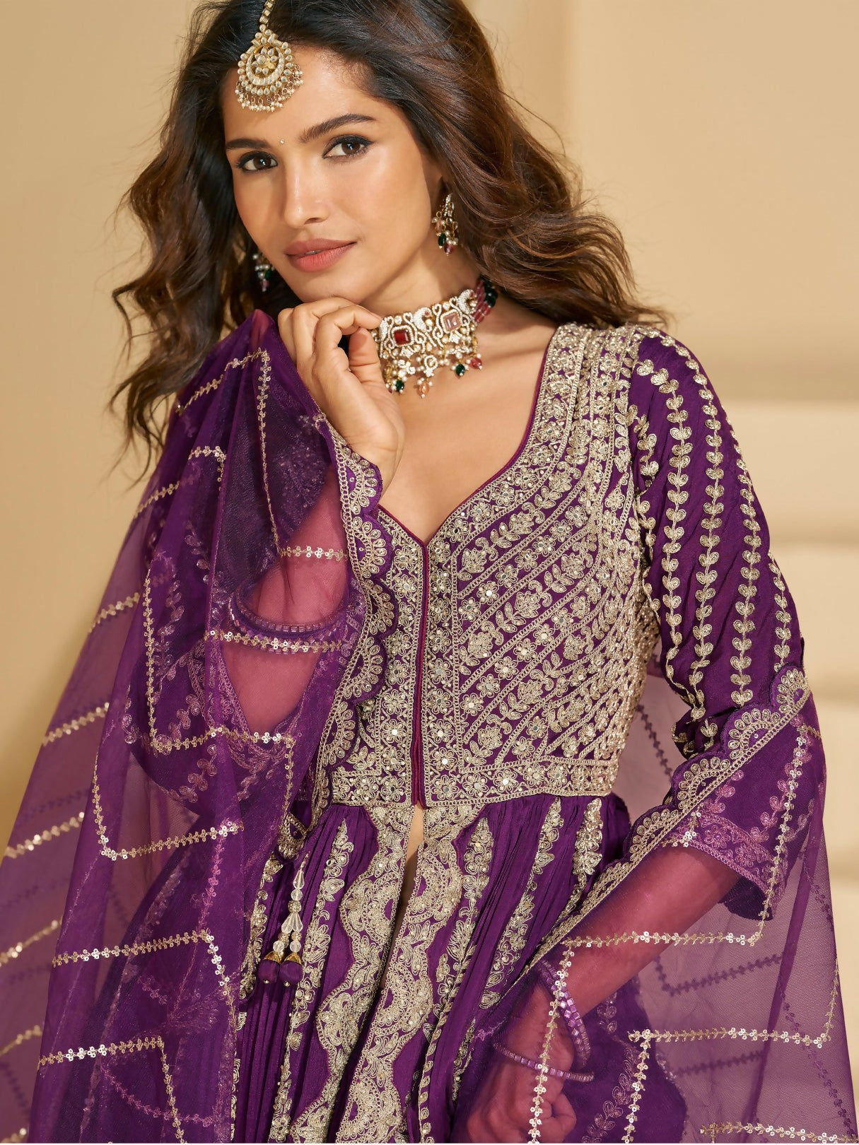 Anaita Purple Chinon Readymade Anarkali Lehenga with Heavy Embroidery Work | Grocsy