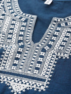 Yufta Women Blue And White Embroidered Kurta with Trouser & With Dupatta | Grocsy