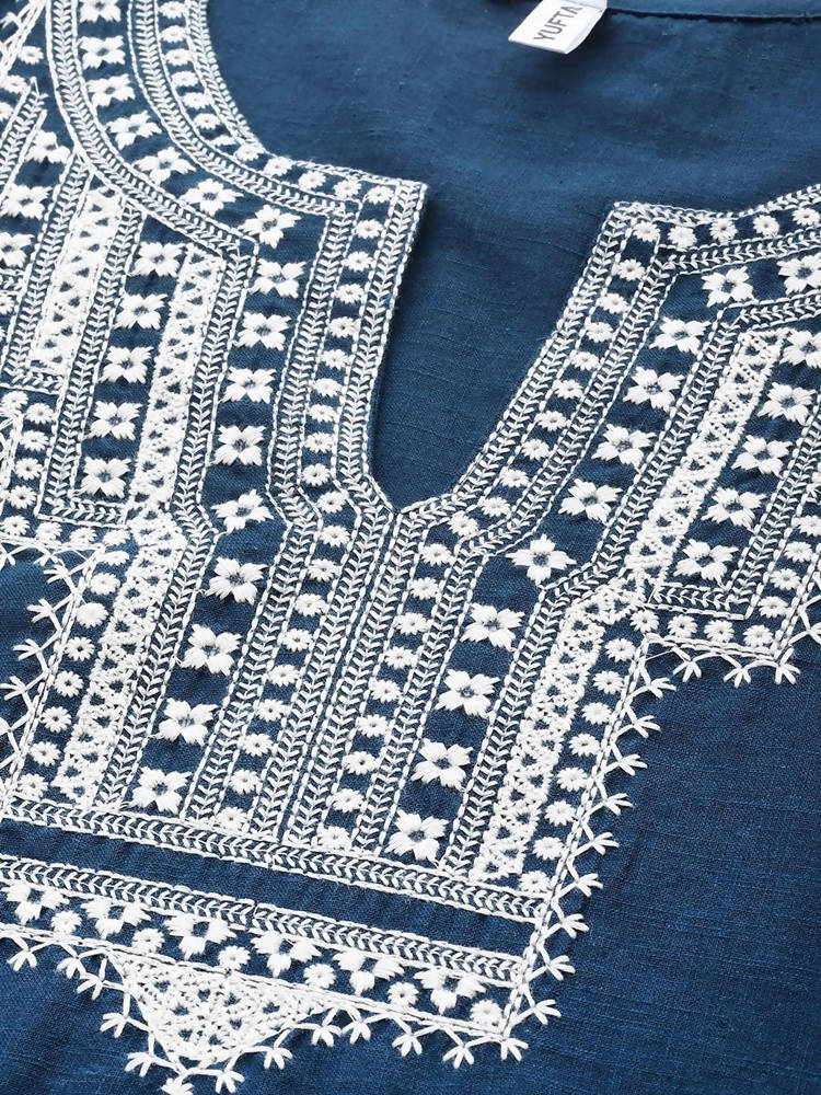 Yufta Women Blue And White Embroidered Kurta with Trouser & With Dupatta | Grocsy