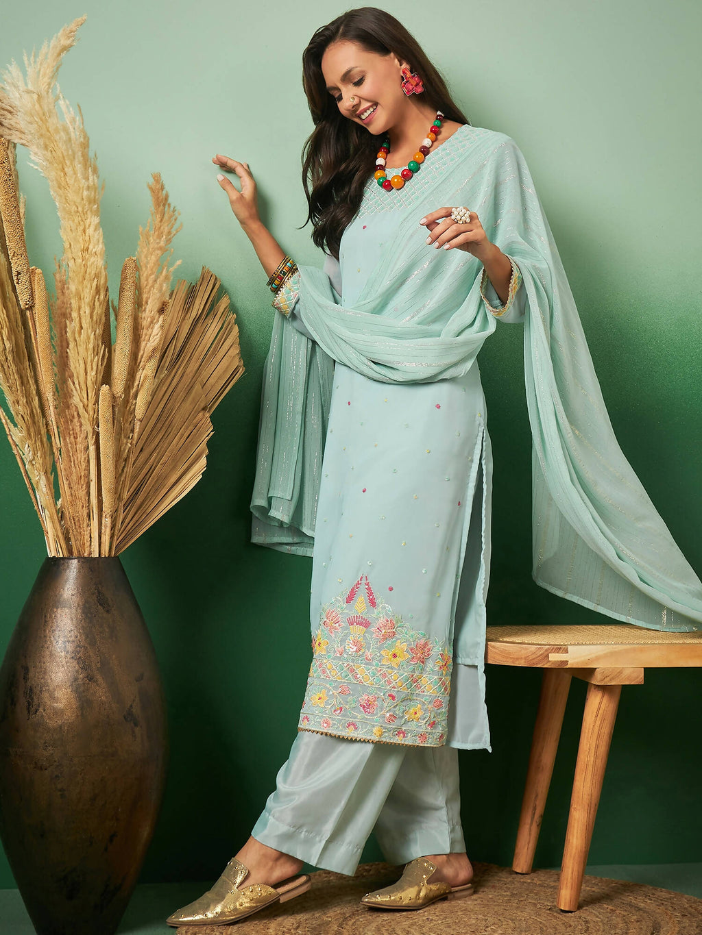 Sky Blue Georgette Handwork Unstitched Dress Material - Hanika | Grocsy