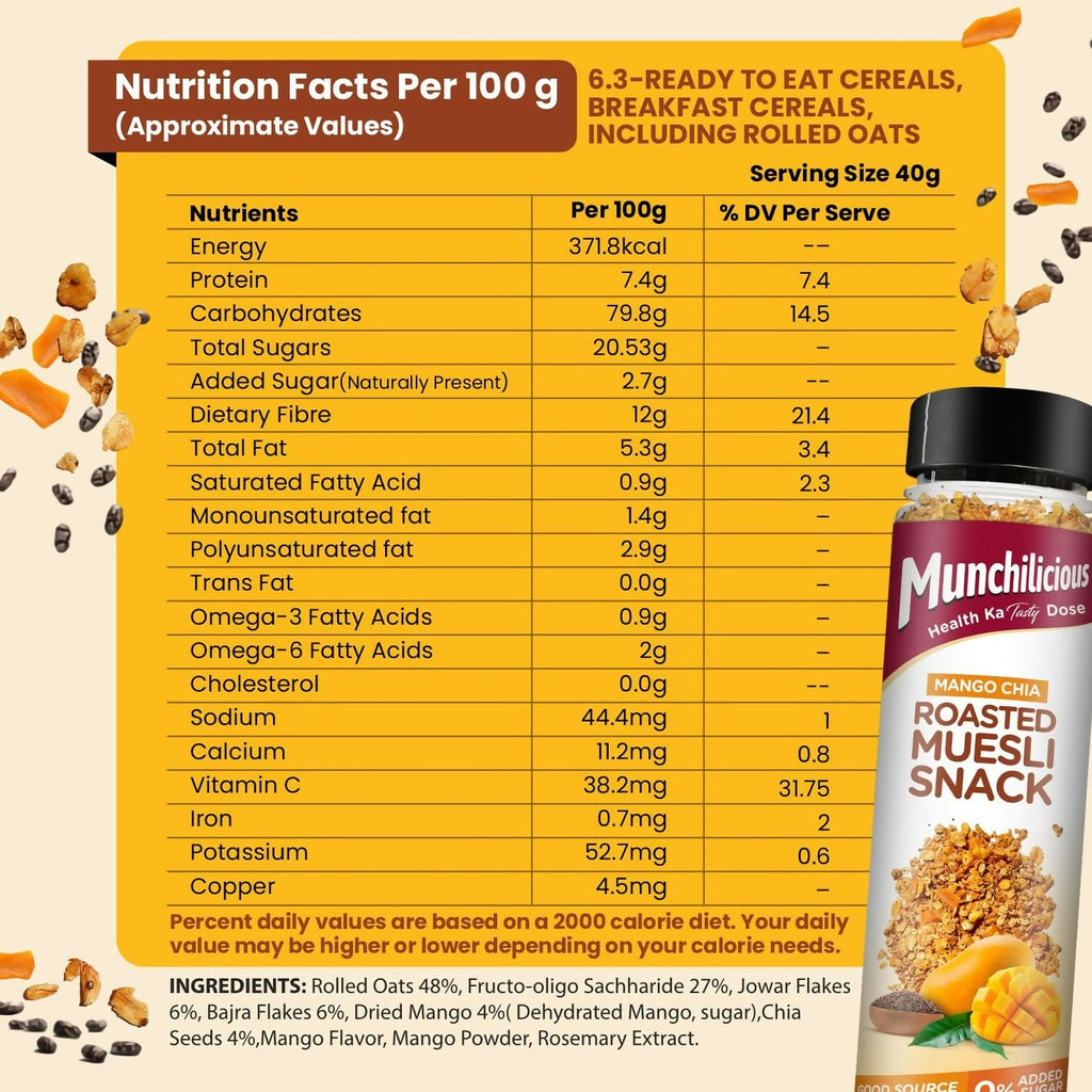 Munchilicious Muesli – Mango Chia Rolled Oats, Dried Mango, Chia Seeds & Jowar Flakes | Grocsy