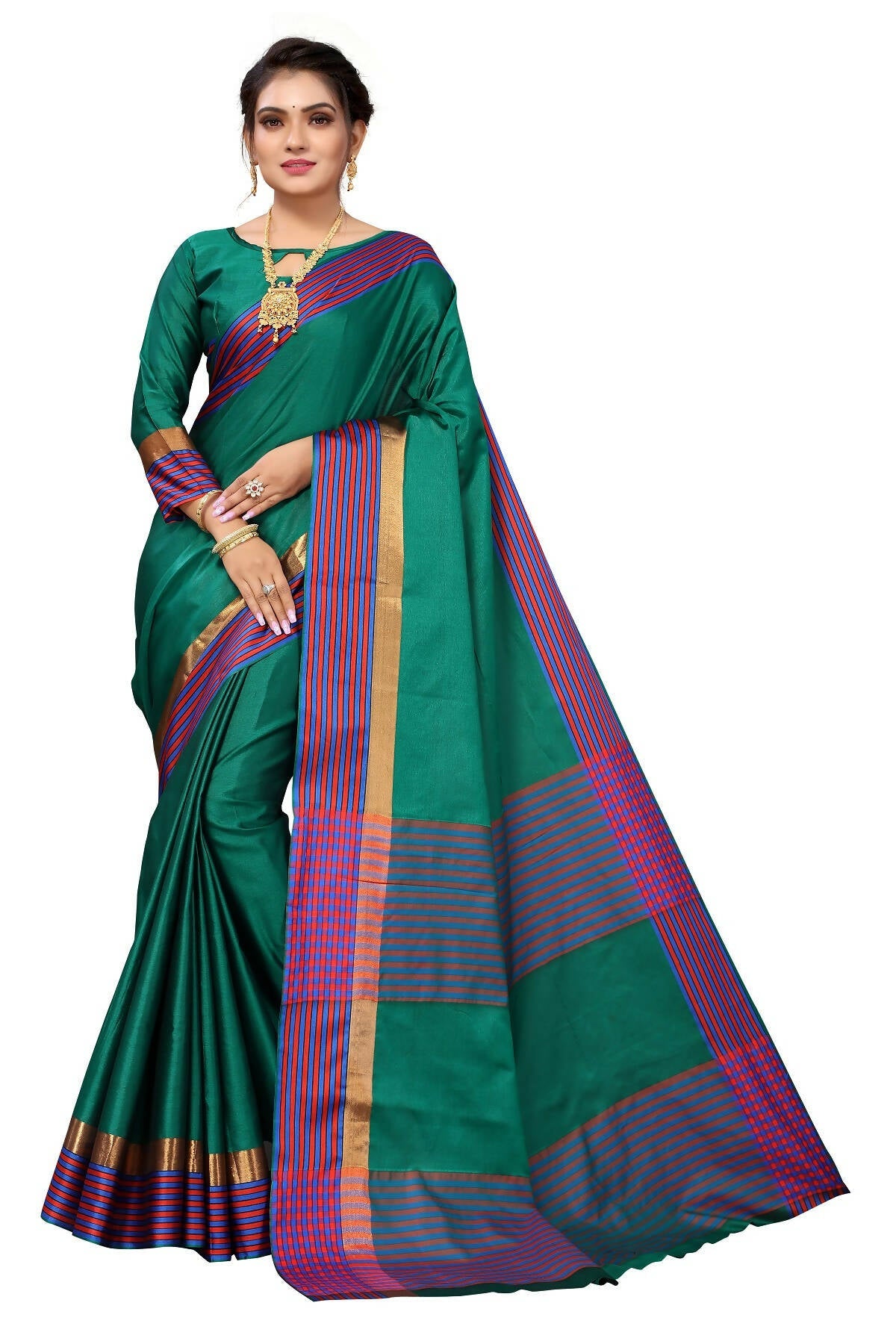 Vamika Ethnic Fire Green Cotton Silk Saree | Grocsy