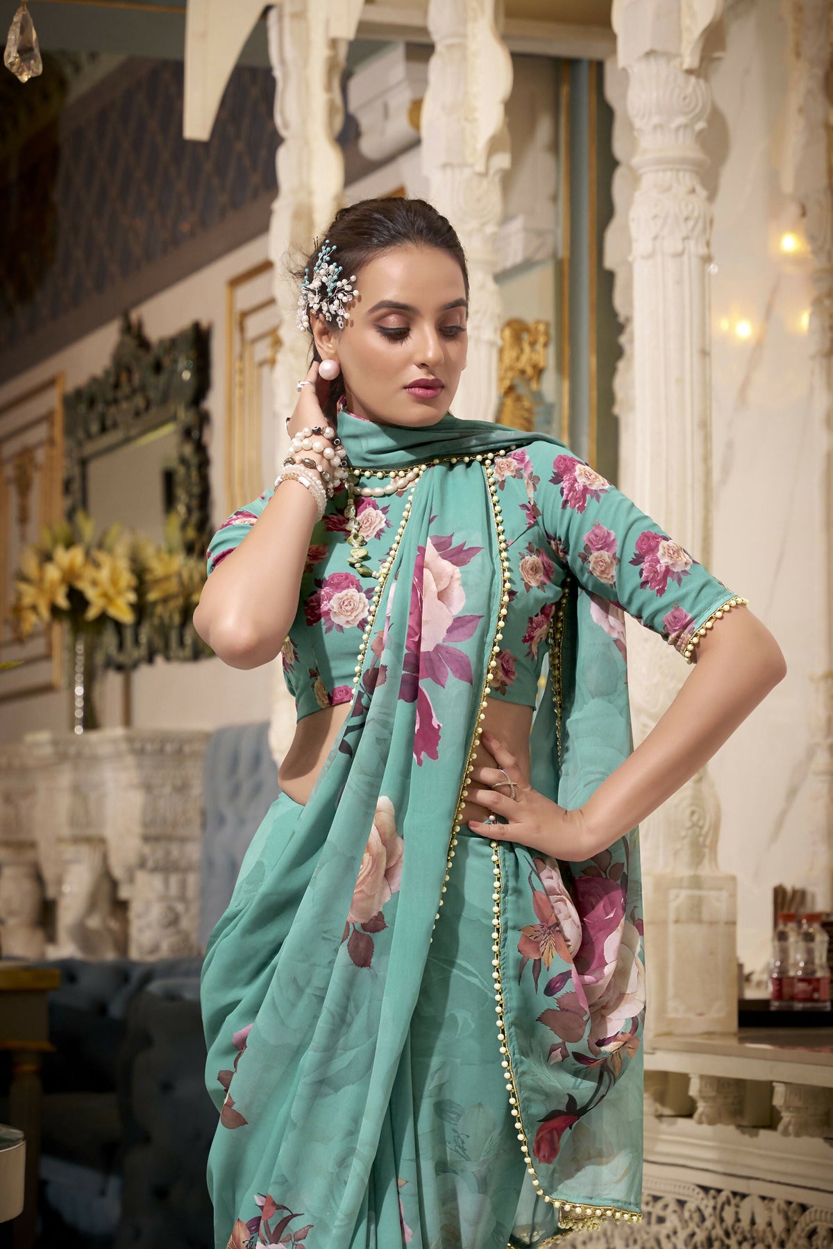 Vastranavya Green Spectacular Georgette Printed with Pearl Lace Saree with Unstitched Blouse | Grocsy