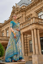 Keppel Blue & White Superior V.P.Silk Woven Printed Patola Silk Saree - Rewaa Milano | Grocsy