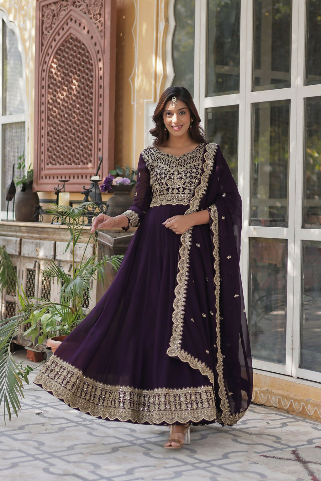 Joban Fashion Wine Georgette Sequence Embroidery Work Kurta Set | Grocsy