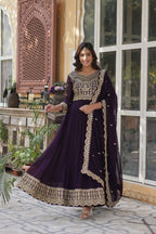 Joban Fashion Wine Georgette Sequence Embroidery Work Kurta Set | Grocsy