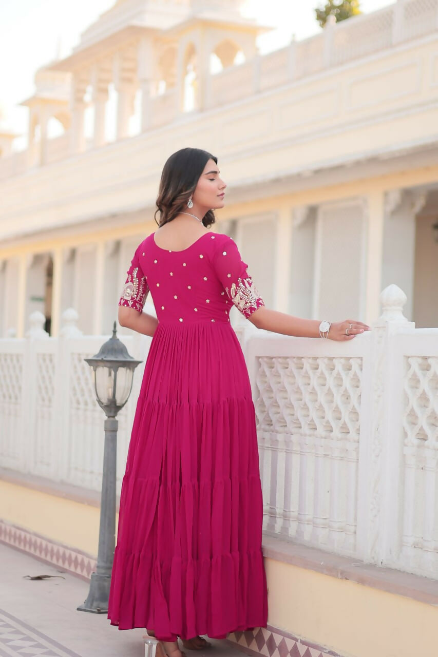 Vastranavya Premium Designer Faux Blooming with Embroidery Zari Sequins work Gown - Pink | Grocsy
