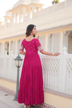 Vastranavya Premium Designer Faux Blooming with Embroidery Zari Sequins work Gown - Pink | Grocsy