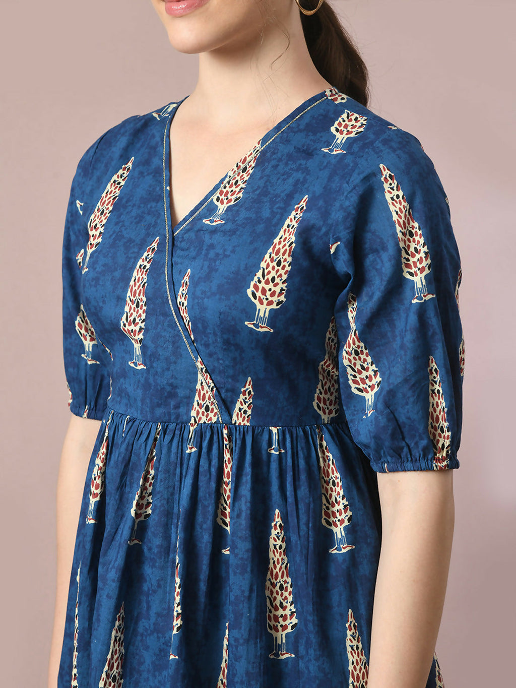Myshka Women's Blue Printed Cotton V-Neck Empire Party Dress | Grocsy