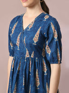 Myshka Women's Blue Printed Cotton V-Neck Empire Party Dress | Grocsy