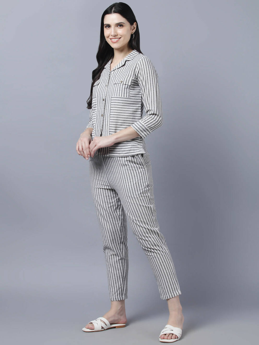 Myshka Stylish Grey 3/4 Sleeve Women's Cords Set | Grocsy