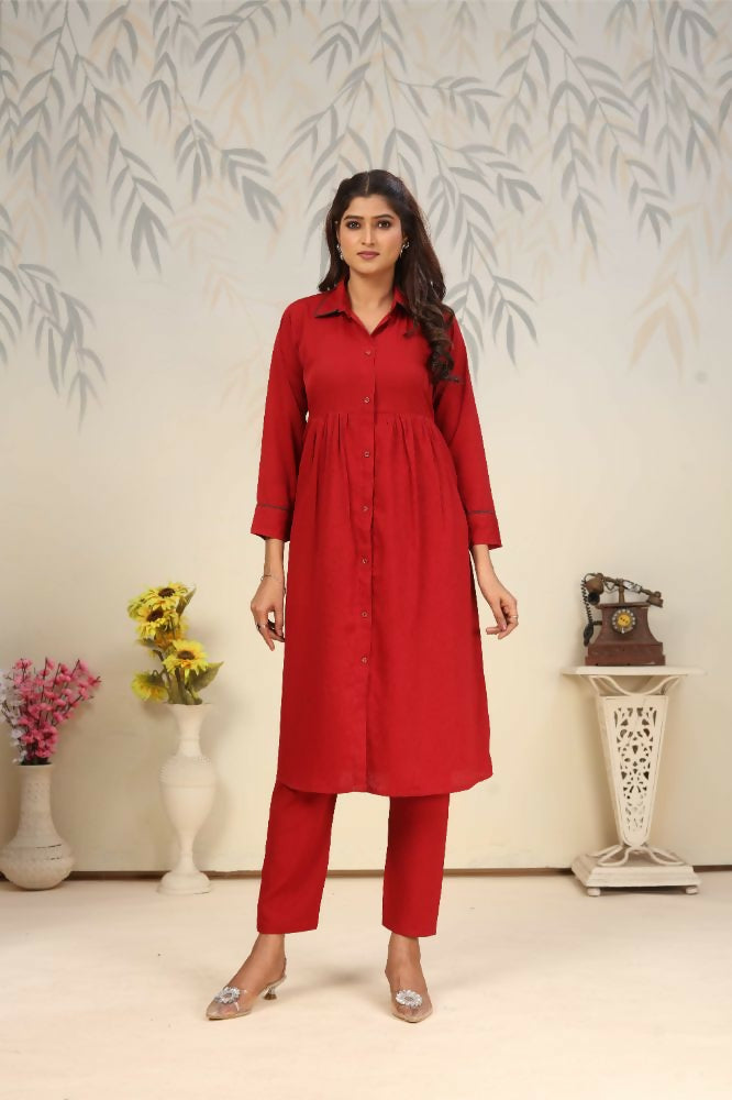 Jyoti Fashion Women's Red Rinkal Cotton Plain with Side Pocket Kurtis & Sets | Grocsy