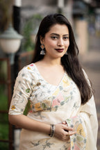 Cream Pure Linen Ethnic Motifs Saree with Unstitched Blouse - A2M | Grocsy