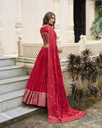 Lorenvalley Red Pure Chanderi Plain With Zari Weaving Work Border Lehenga Choli | Grocsy