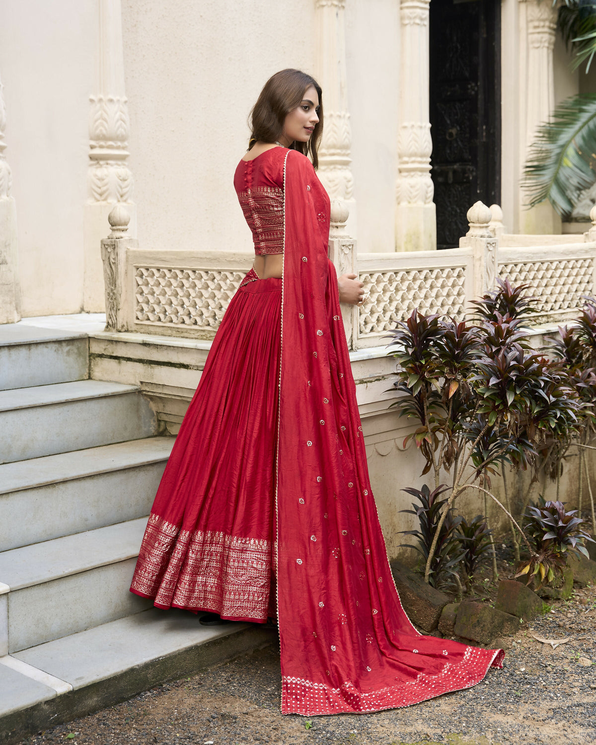 Lorenvalley Red Pure Chanderi Plain With Zari Weaving Work Border Lehenga Choli | Grocsy