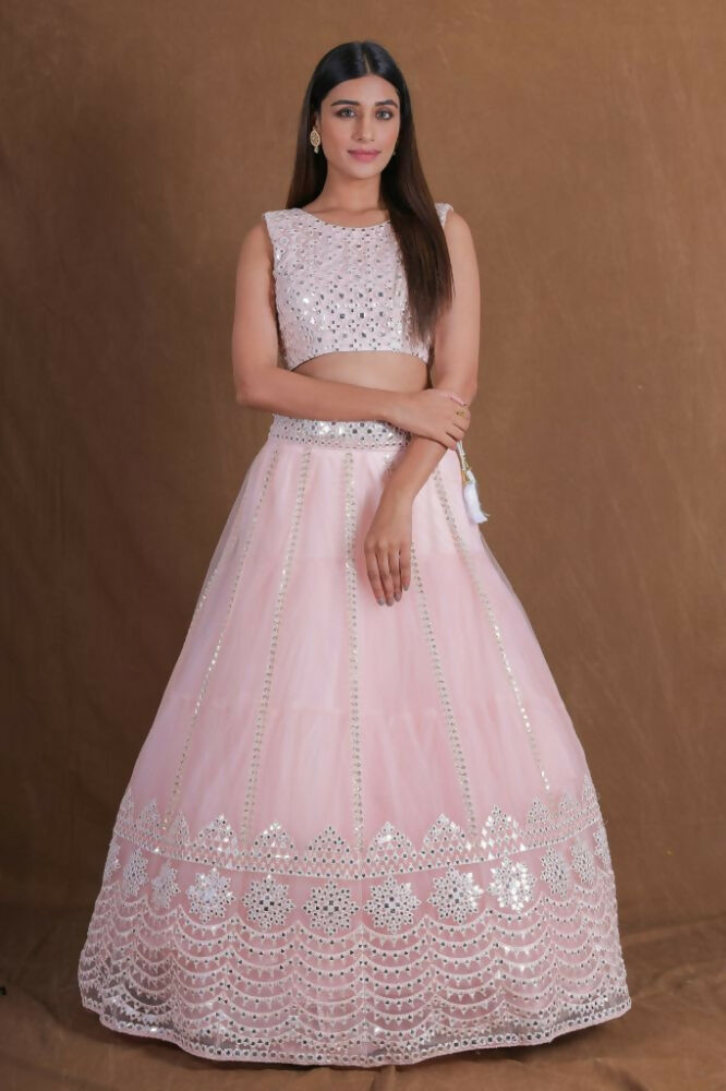 Pink Zari Foil Mirror Embroidery Work Lehenga Choli With Dupatta - Jihu Culture | Grocsy