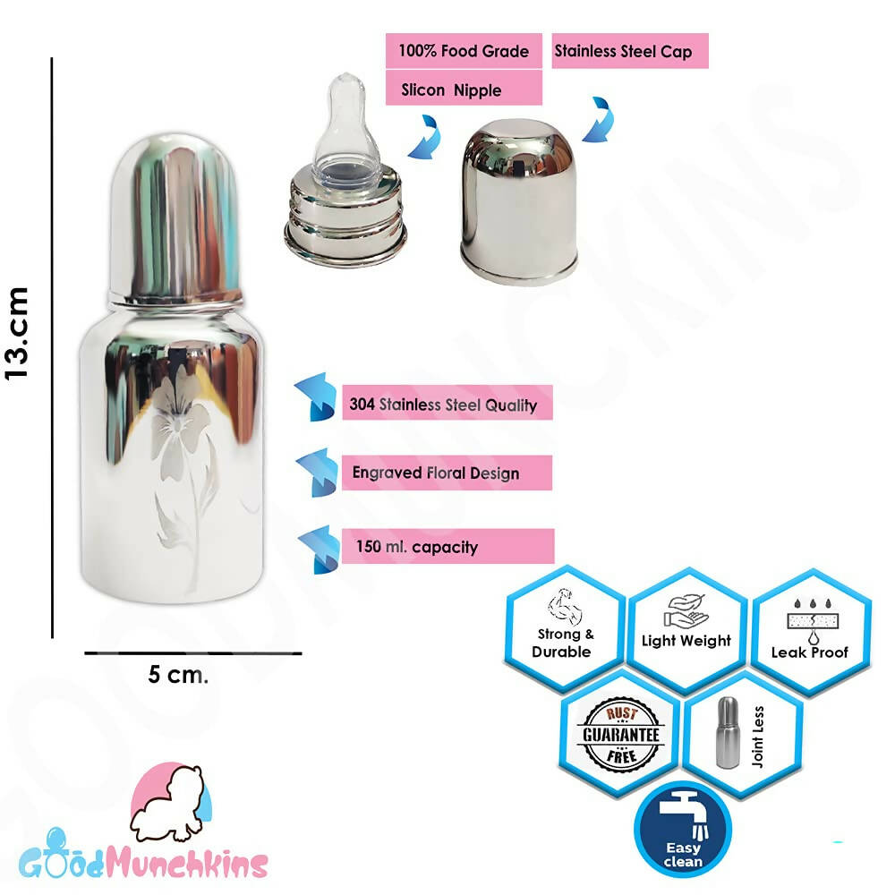 Goodmunchkins Stainless Steel Feeding Bottle with Bottle Cleaning Brush/Chakku/Anti Colic Silicone Nipple Combo-(150ml,Blue) | Grocsy