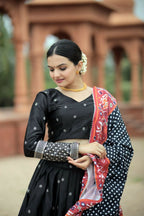 Vastranavya Navaratri Collection Myra Silk Lehenga & Blouse With Maslin Crochet Printed Dupatta Set - Black | Grocsy