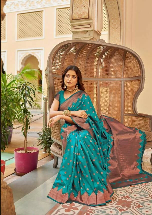 DEIANA'S Beautiful Designer Golden zari Soft Lichi Silk Saree - Sky | Grocsy