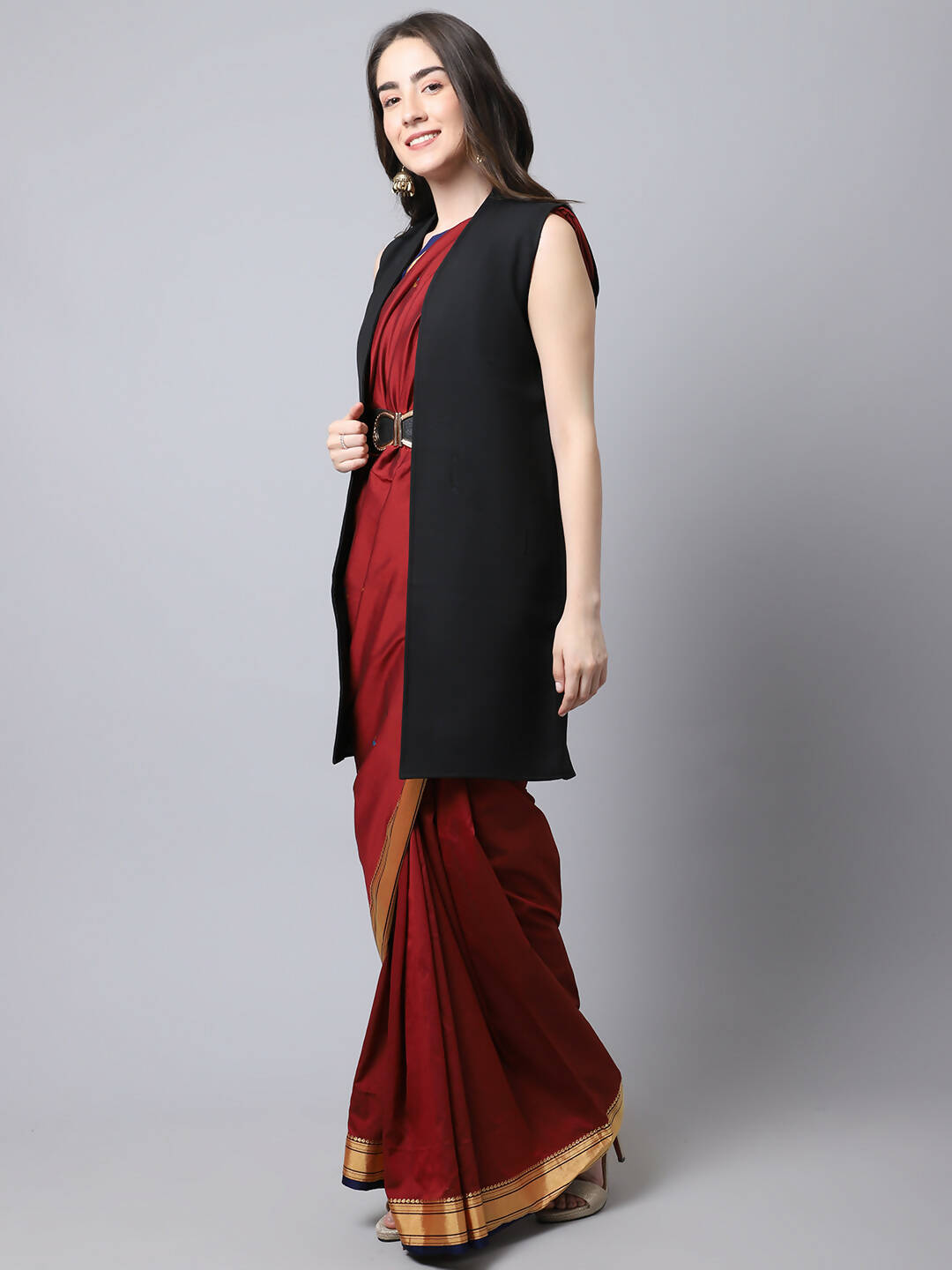Even Apparels Black Polywool Open Front Women's Long Coat | Grocsy