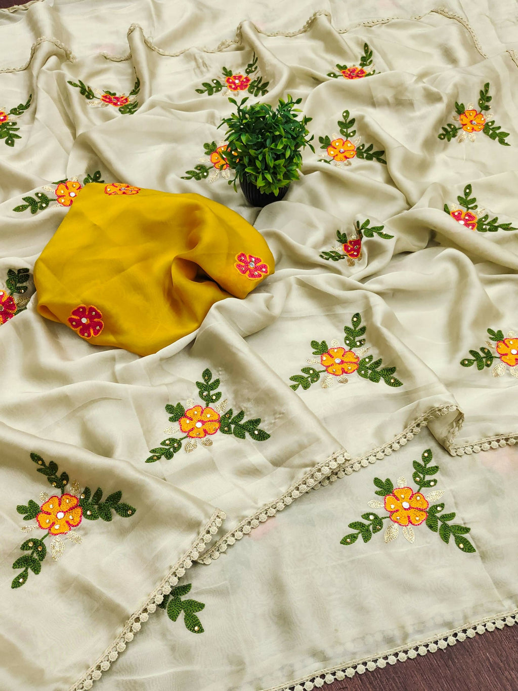 Teeya Creation Cream Rangoli Silk Embroidery Work Party Wear Designer Saree | Grocsy