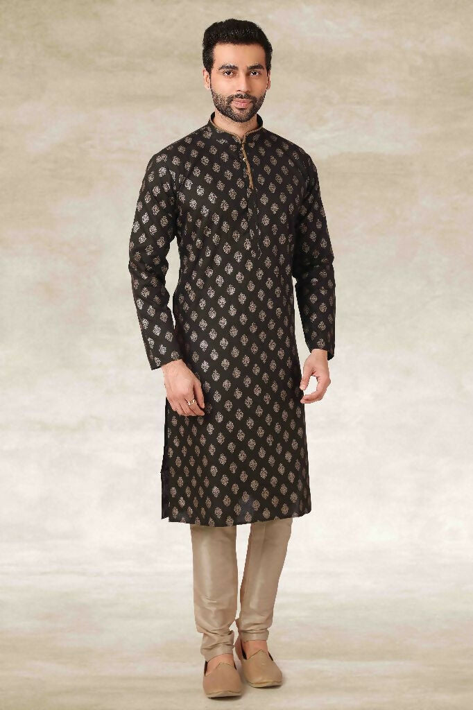 Raivat Ethnic Cotton Printed Work Kurta Pajama In Mehendi Green Colour | Grocsy