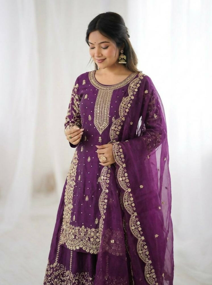 Teeya Creation Wine Color Fendy Silk Embroidery Work Wedding Wear Salwar Suit | Grocsy
