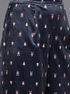 Ahalyaa Women Navy Blue Ethnic Motifs Printed Gotta Patti Velvet Kurta with Palazzos | Grocsy
