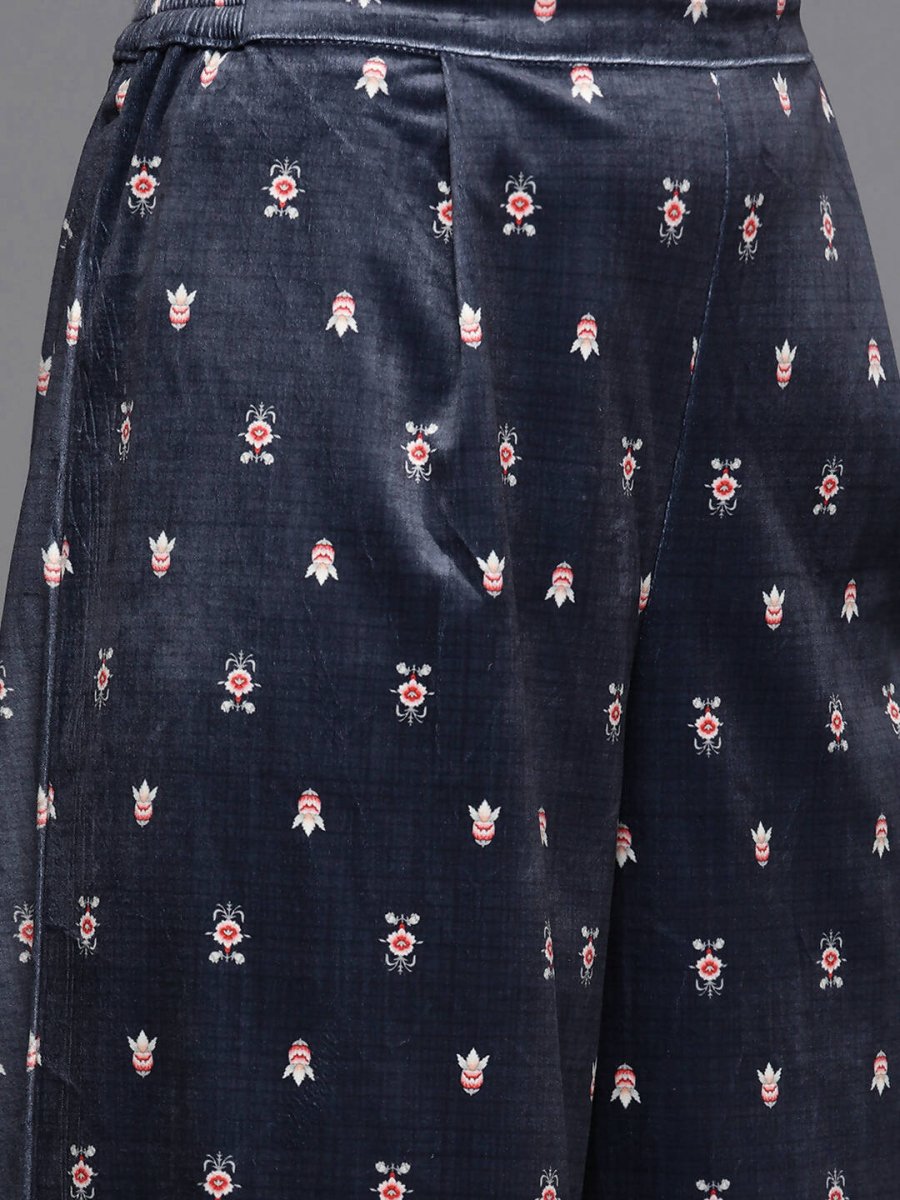 Ahalyaa Women Navy Blue Ethnic Motifs Printed Gotta Patti Velvet Kurta with Palazzos | Grocsy