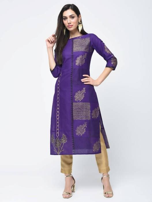 Aniyah Cotton Foil Printed Purple Straight Kurta (AN-134K) | Grocsy