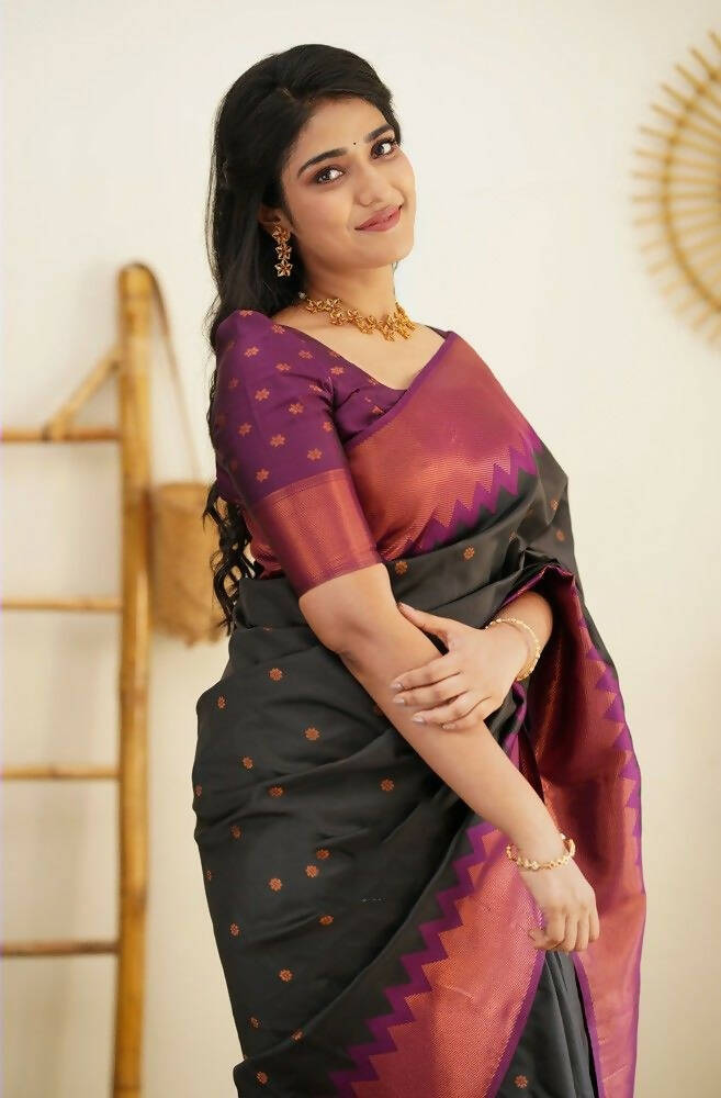DEIANA'S Beautiful Designer Golden zari Soft Lichi Silk Saree - Black | Grocsy