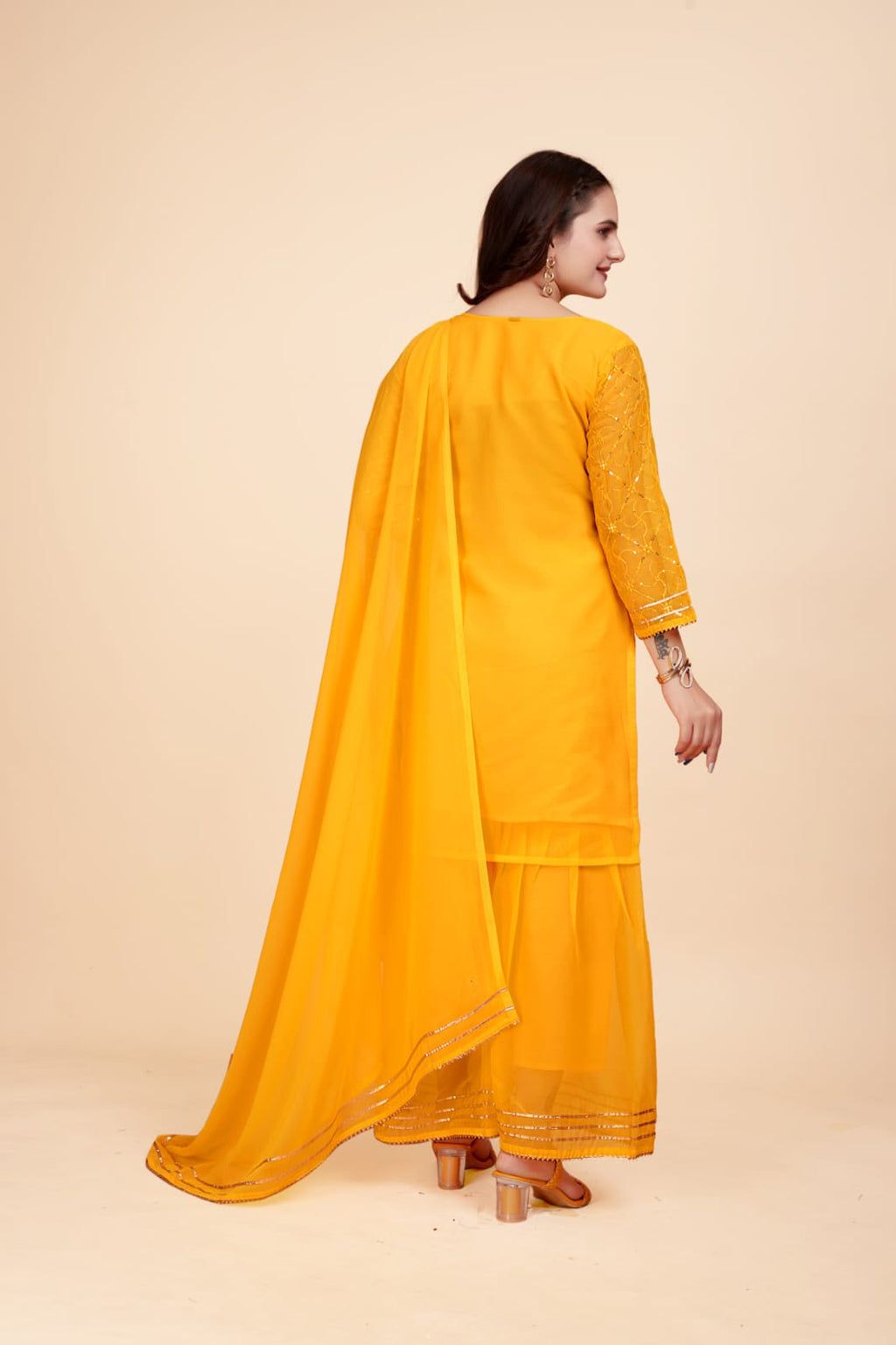 Women's A-Line Yellow Kurta and Sharara With Dupatta Set - A2M | Grocsy