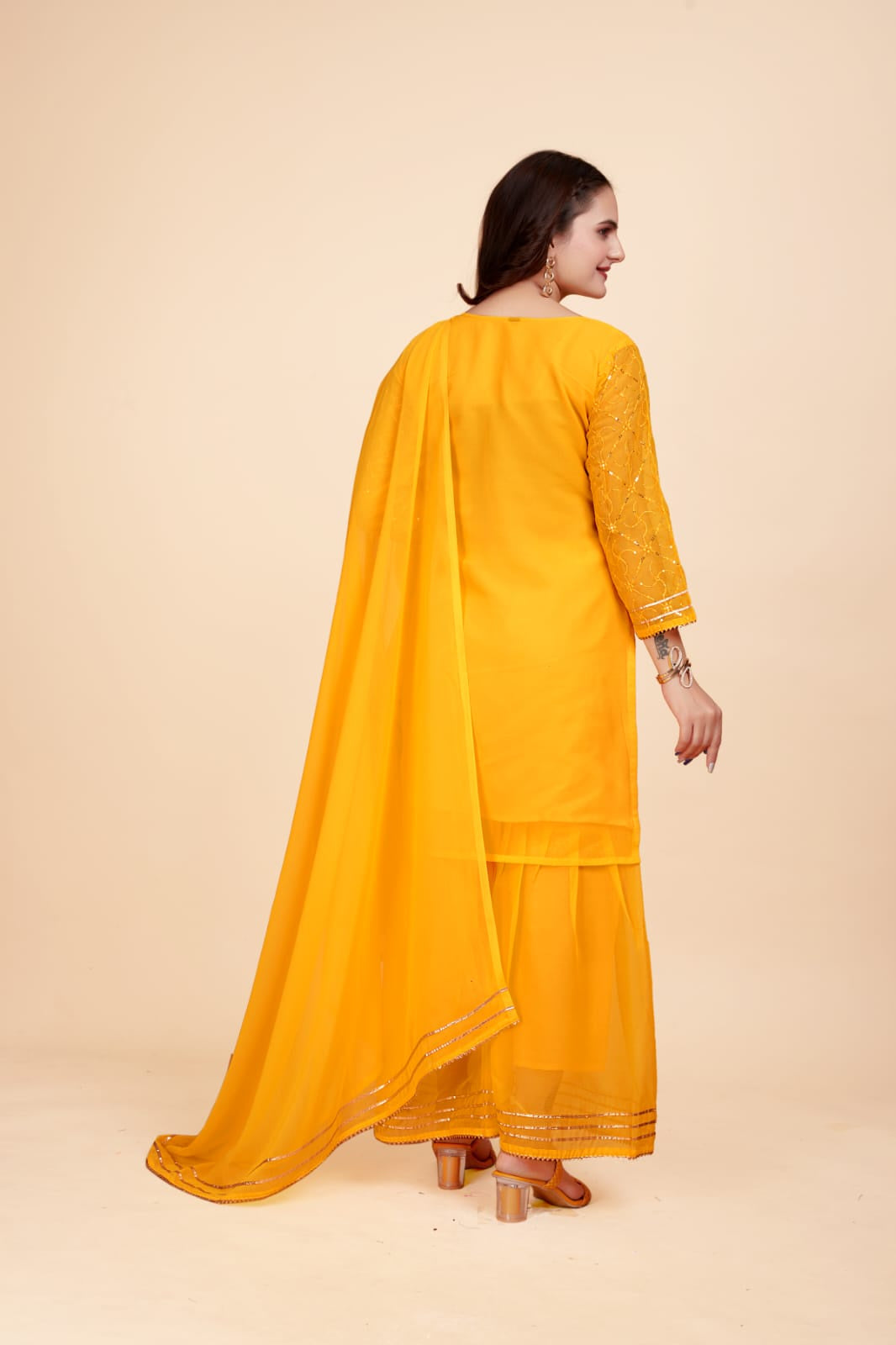 Women's A-Line Yellow Kurta and Sharara With Dupatta Set - A2M | Grocsy
