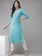 Yufta Women Turquoise Blue & Multicoloured Leheriya Printed Gotta Patti Kurta | Grocsy