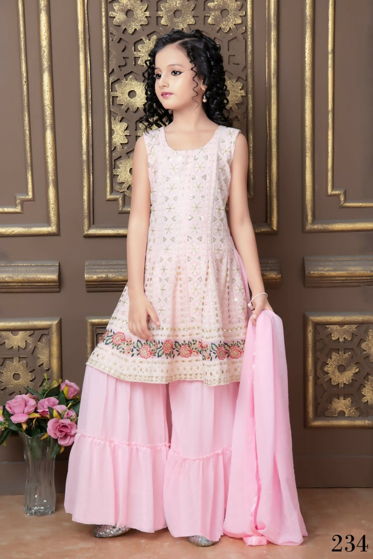 Kids Wedding Designer Pink Faux Georgette Sharara Suit - Aaradhna | Grocsy