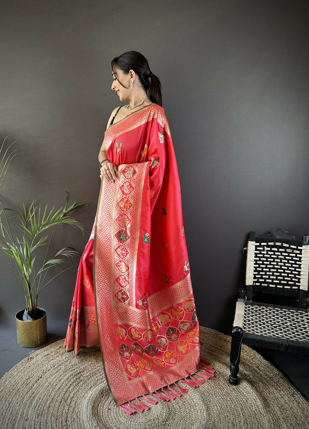 Joban Fashion Peach Elephant & Floral Motifs Soft Lichi Silk Banarasi Saree | Grocsy