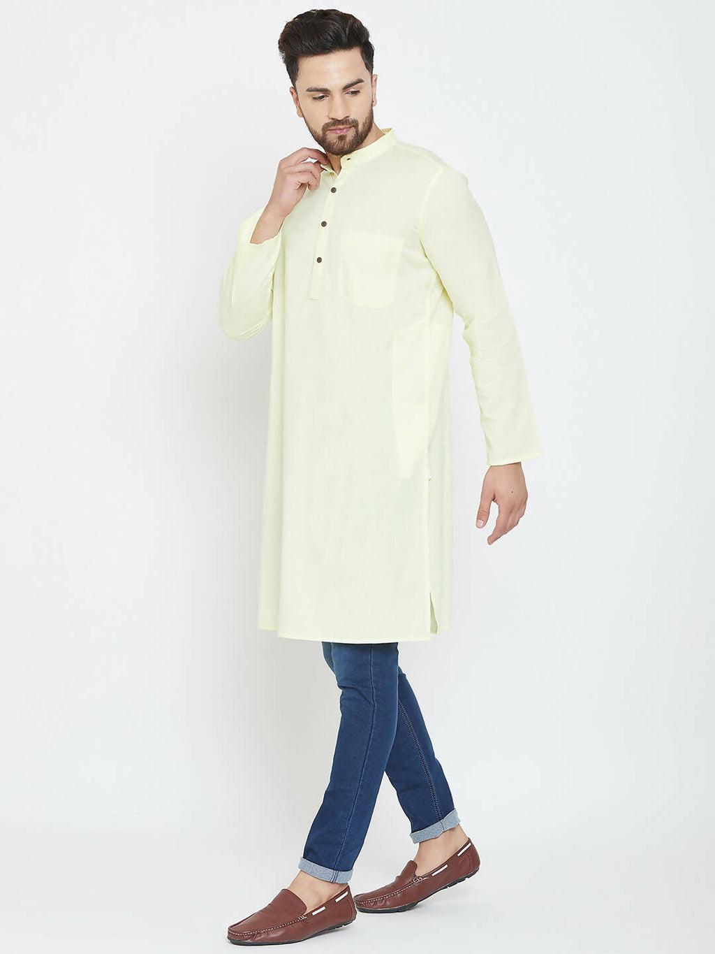 Even Apparels Yellow Color Men's Pure Cotton Kurta With Band Collar | Grocsy