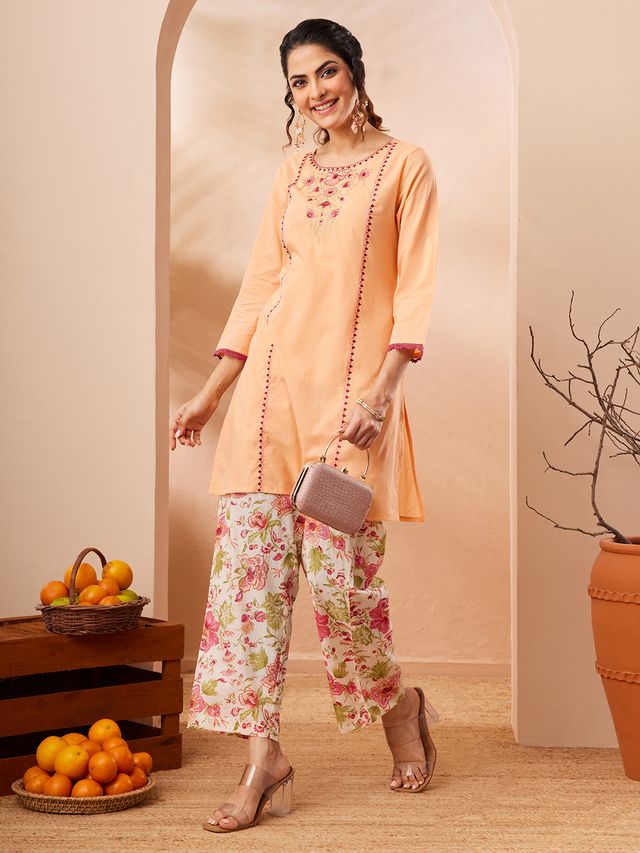 Janasya Peach Straight Cotton Co-Ords | Grocsy