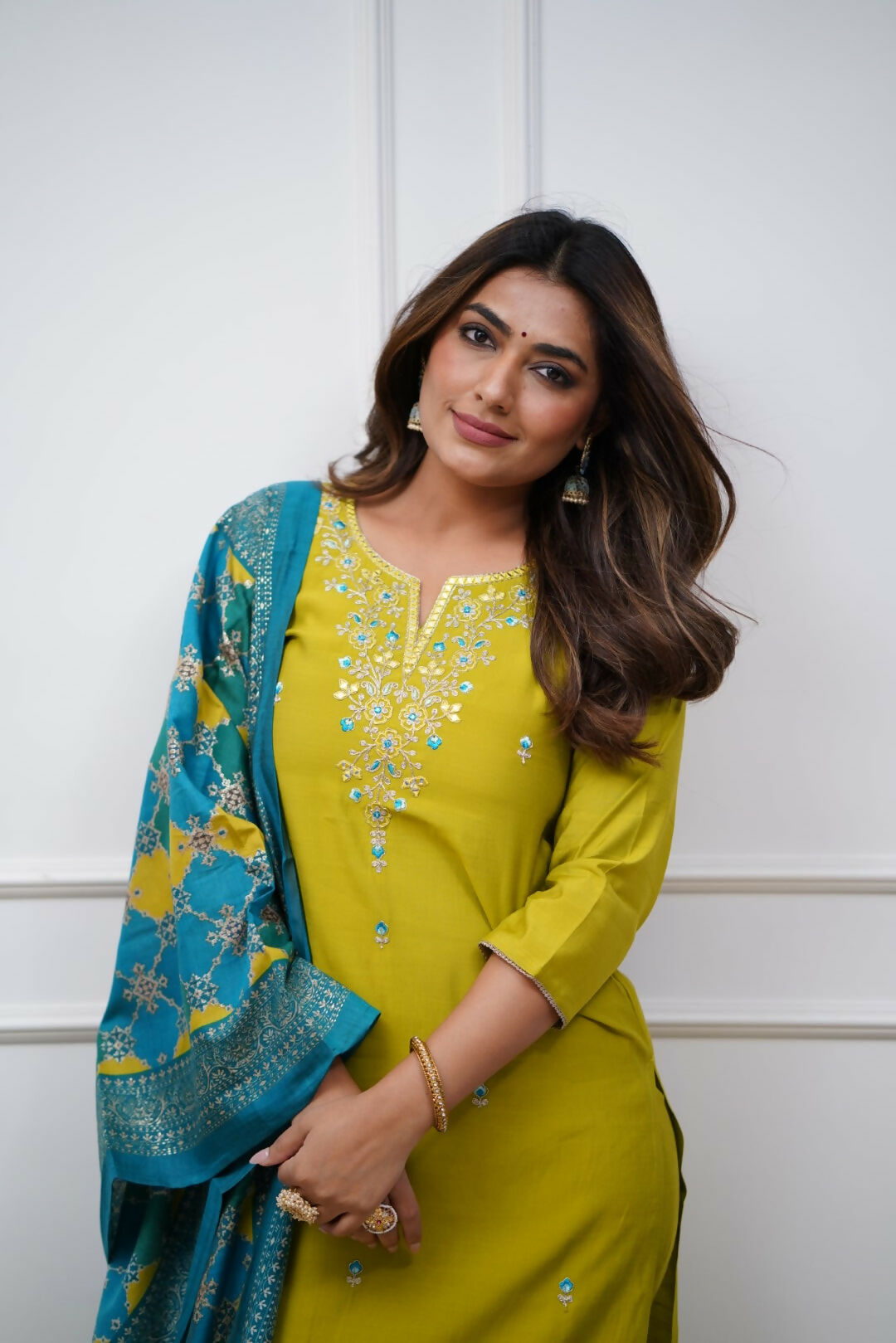 The52 Lemon Beautiful Embroidered Viscose Chanderi Fabric Straight Kurta Pant with Dupatta Set | Grocsy