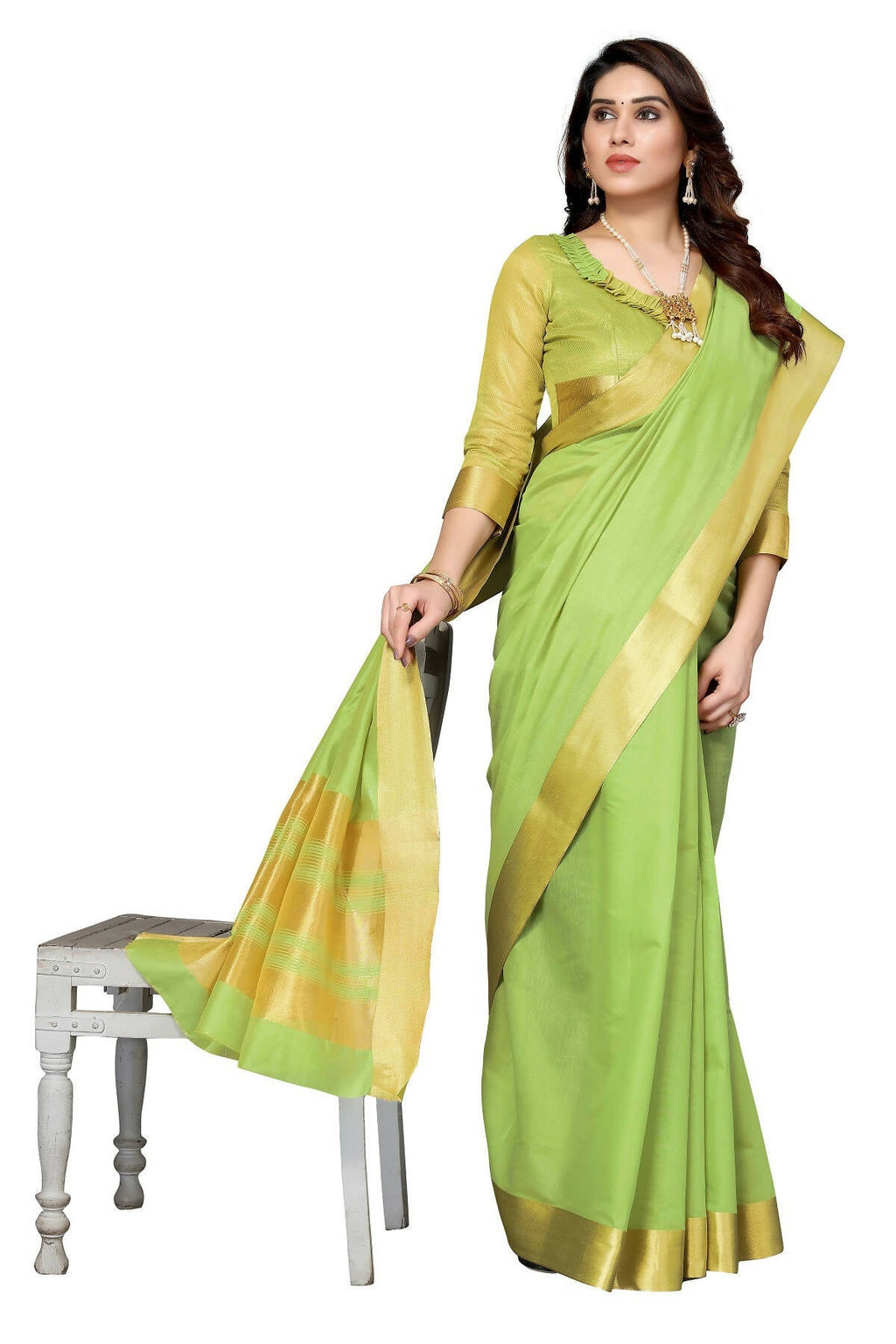 Vamika Green Cotton Polyester Silk Weaving Saree | Grocsy