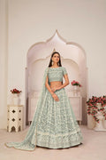 Aastha Fashion Turquoise Green Butterfly Net White Cotton Thread Work, Zari Work And Sandwich Sequence Work Embroidery Wedding Wear Lehenga Choli | Grocsy