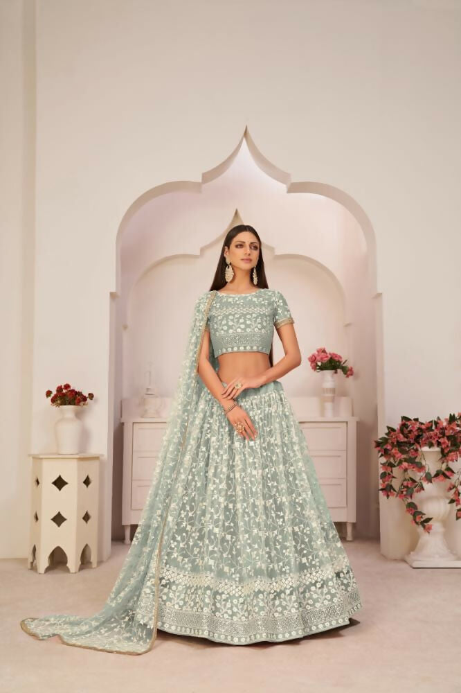 Aastha Fashion Turquoise Green Butterfly Net White Cotton Thread Work, Zari Work And Sandwich Sequence Work Embroidery Wedding Wear Lehenga Choli | Grocsy