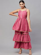 Myshka Pink Printed Sleeveless V Kurti Sharara Set | Grocsy