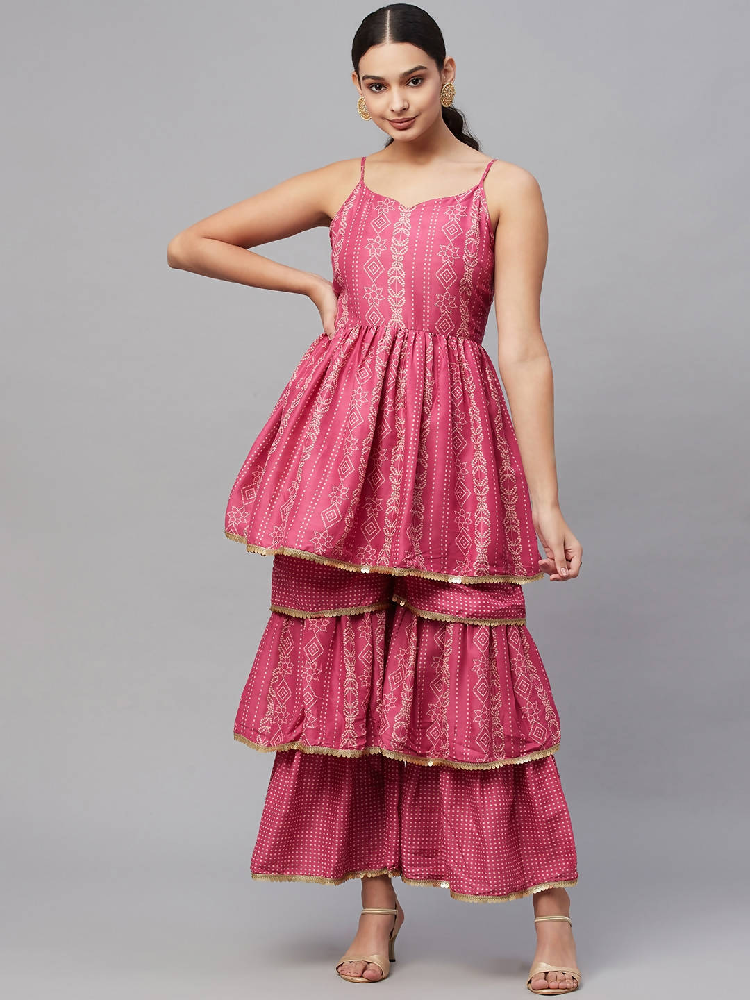 Myshka Pink Printed Sleeveless V Kurti Sharara Set | Grocsy